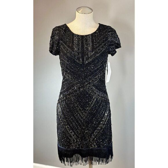 Aidan Mattox NWT Beaded Fringe Trim Cocktail Dress in Navy Size 10 - Picture 1 of 5